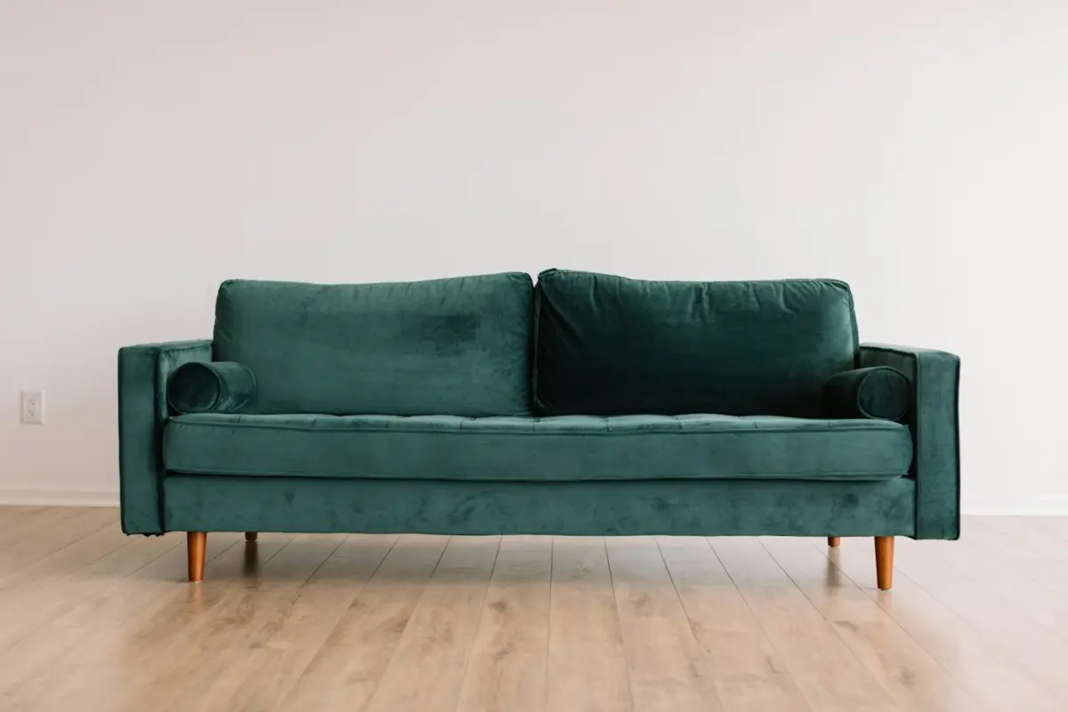 A green sofa in a bright room with a timber floor